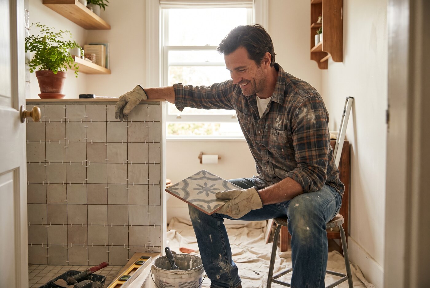 Homeowner setting bathroom wall tile